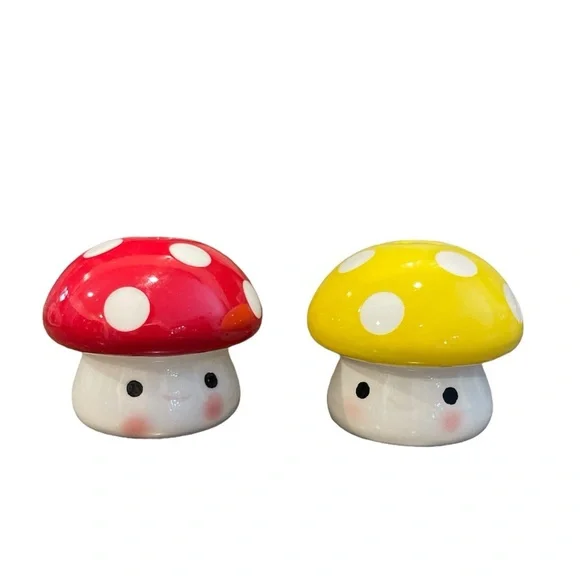 Whimsical Ceramic Happy Mushroom Salt and Pepper Shaker Set - Picture 2 of 3